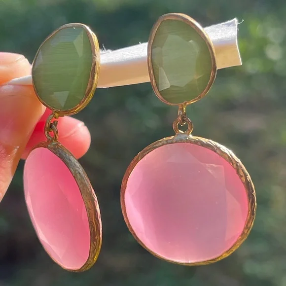 Pink and green stone Gold Drop dangle Earrings artisan vintage - Picture 11 of 11